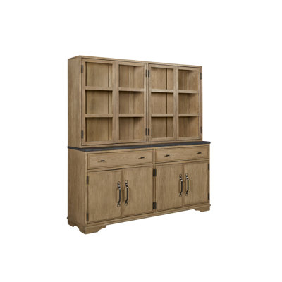 Armoire et buffet 2 pièces avec plateau en béton, portes en verre encadrées élégantes, rangement spacieux avec deux tiroirs et quatre armoires, bois massif brun clair + fabrication, 72,17 pouces de profondeur, 18,92 de largeur, 77,21