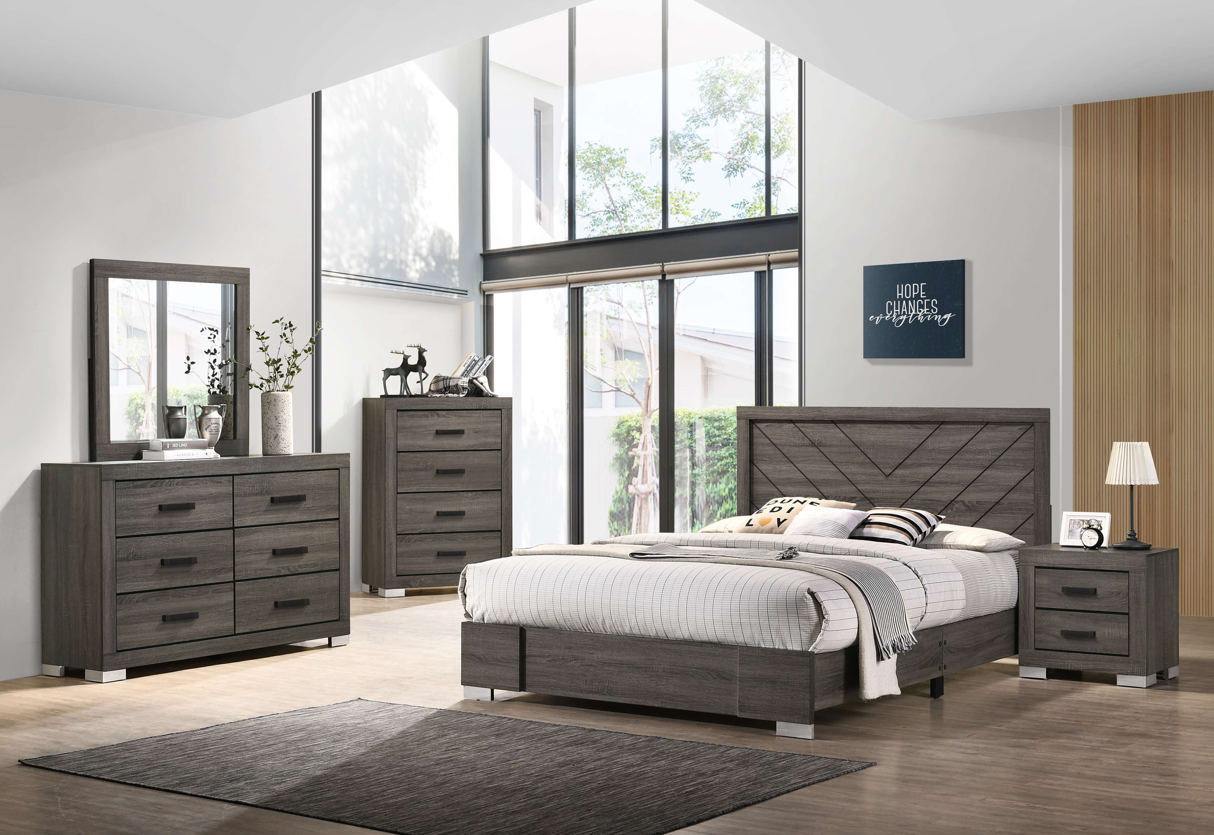 Latitude Run® Grey Wood Bedroom Set with Chevron Headboard, Dresser ...