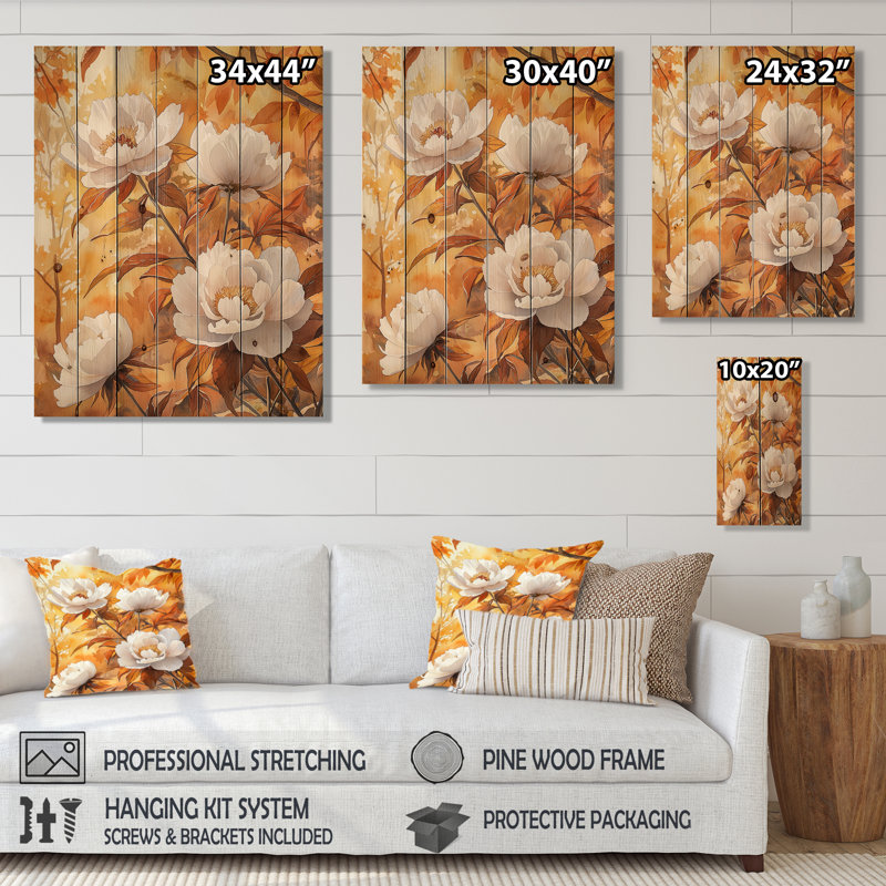 Peonies By The Autumn Maple Tree II - Peonies Wood Wall Decor - On Natural Pine Wood, 20" H x 10" W x 0.78" D