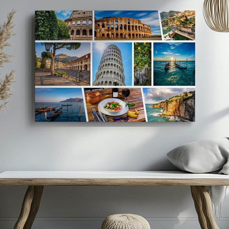 Toile, Créez un collage vibrant mettant en vedette des éléments emblématiques italiens et des éléments d'art mural présentant le Colisée baigné dans une toile