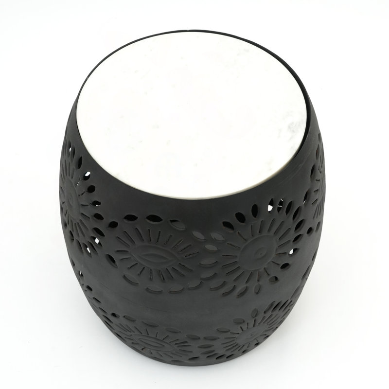 Table d'appoint tambour avec plateau en marbre et découpe florale