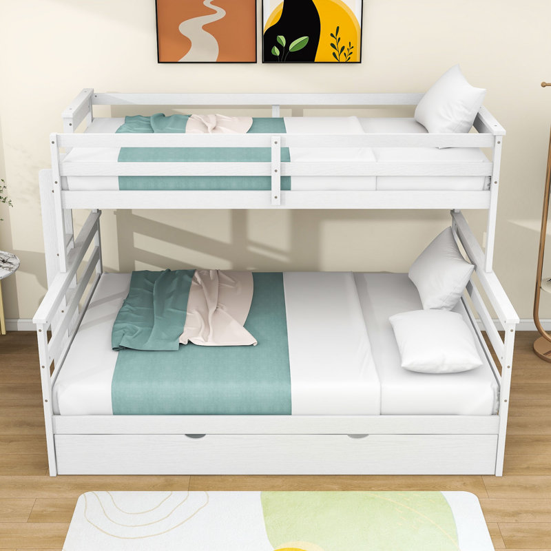 Twin XL over Queen Bunk Bed with Twin Trundle,Ladder, White