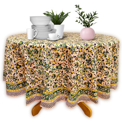 Block Print Floral Cotton Round Tablecloth