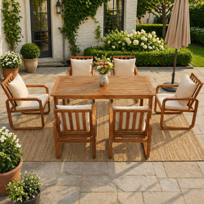7-Piece Patio Dining Set with Durable Acacia Wood and Water-Resistant Cushions for Comfortable Outdoor Gatherings