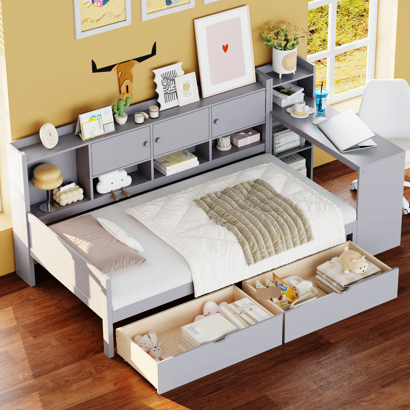 Lit de jour en L gris avec rangement, bureau d'étude et bibliothèque - espace pour les espaces, taille simple, 3 armoires, 2 tiroirs, étagère intégrée, chambres d'amis multifonctionnelles