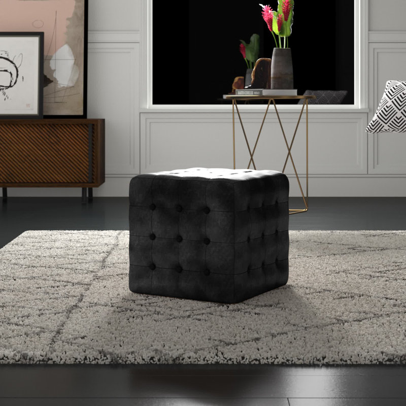 Elgin 18" Wide Genuine Leather Tufted Square Cube Ottoman, Black Genuine Leather