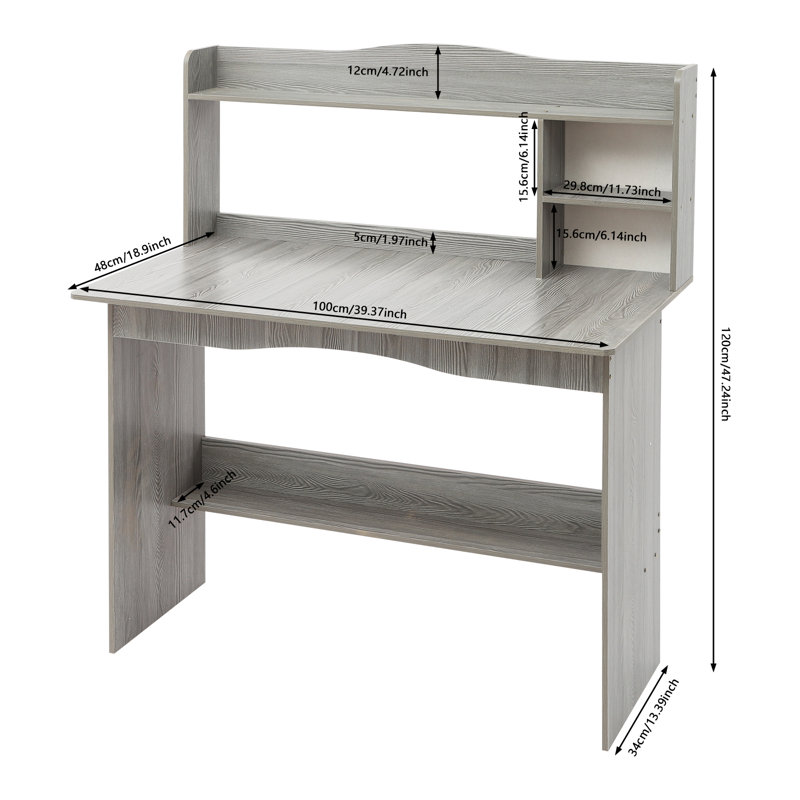 Computer Desk With Bookshelf - 39.37" X 18.9" Desktop Size, Gray