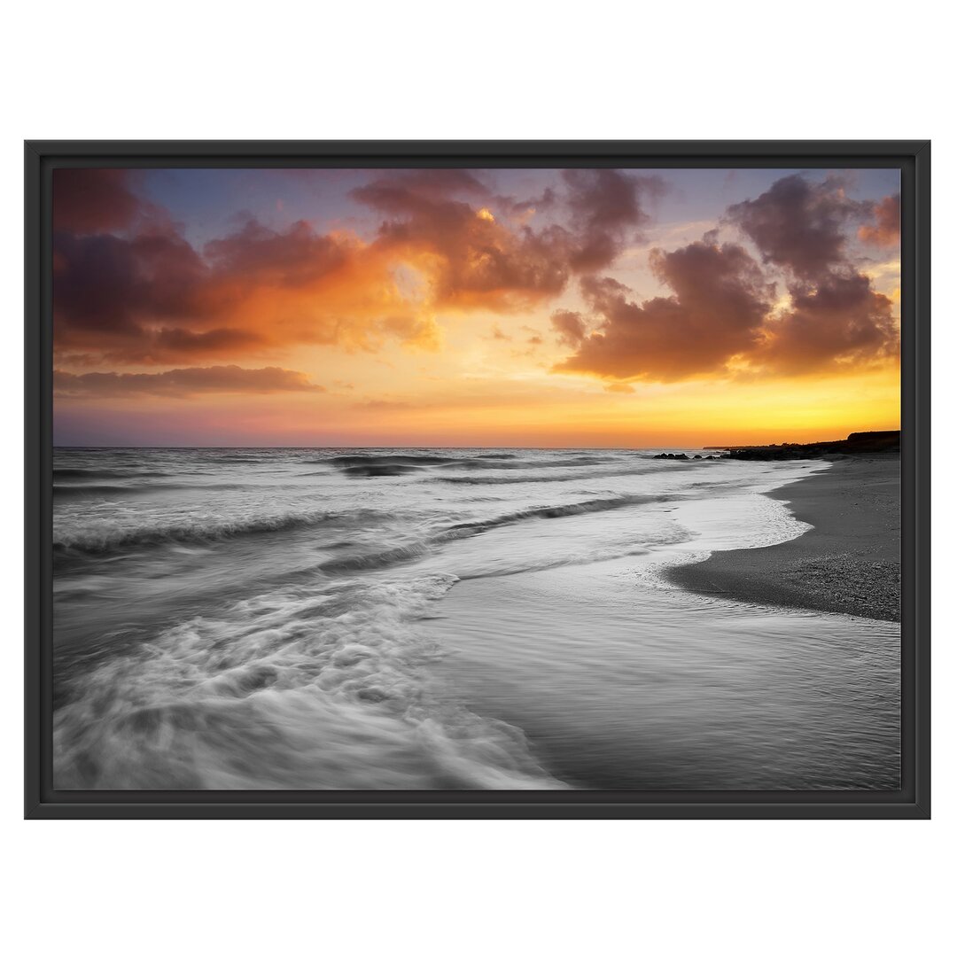 Gerahmtes Wandbild Strand mit Sonnenuntergang