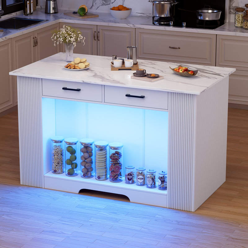 55" Kitchen Island With Led Light, Fluted Island Table With Faux Marble Worktop, 2 Drawers, Open Shelves, Mid Century Modern Center Cabinet For Dining Room & Kitchen