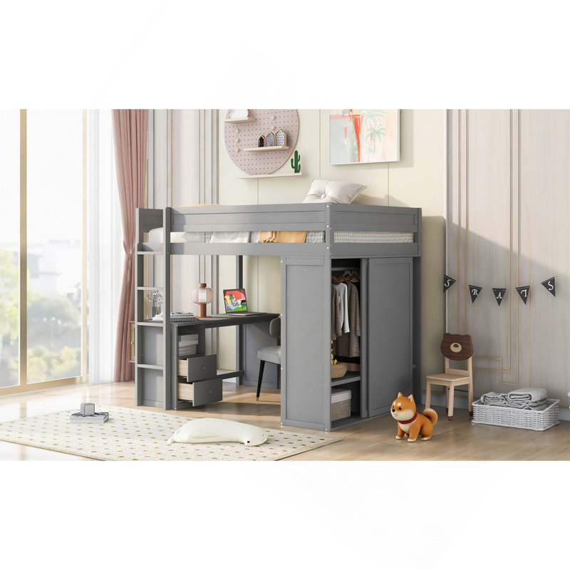 Lit mezzanine double en bois avec garde-robe et bureau à 2 tiroirs avec armoire, gris, Lit double