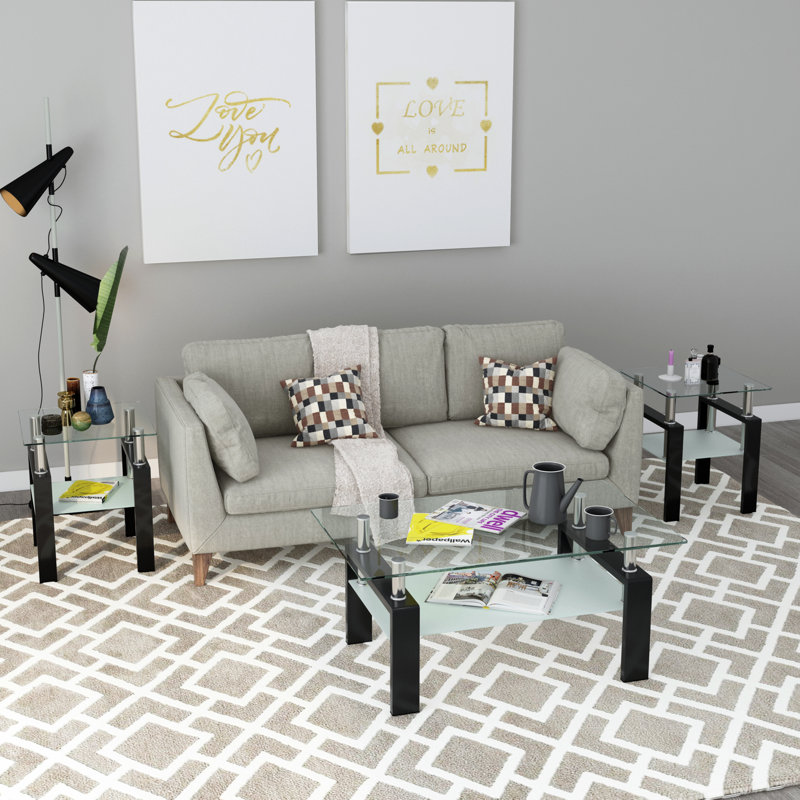 Clear Glass and Black Metal 3-Piece Coffee and End Table Set