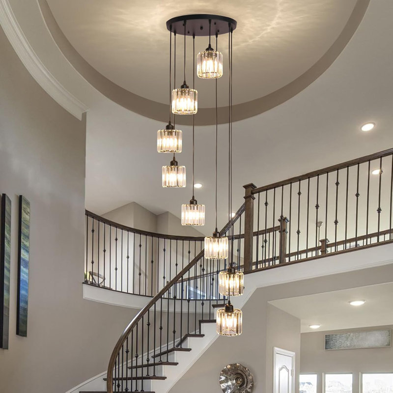 Modern Crystal Chandelier With Adjustable Height For High Ceilings, 8-Light Raindrop Pendant Fixture For Foyer, Staircase, And Entryway