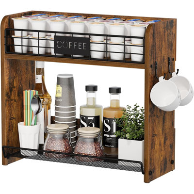 Porte-gobelet K Cup, organisateur de tasse K avec 2 crochets à tasses, 2 niveaux | Porte-dosette Keurig, organisateur de station de bar en bois pour comptoir, maison, bureau, cuisine, rétro
