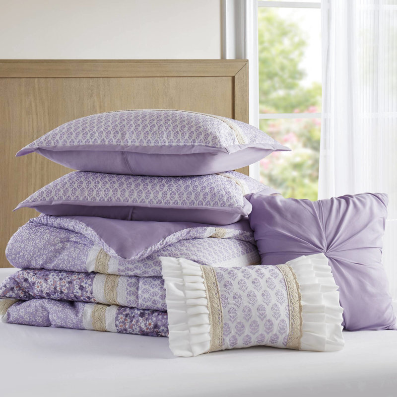 Ensemble d'édredon et d'oreiller en seersucker pour lit double / grand 5 pièces - décor chic et décontracté, trois motifs floraux, aspect de coussins garnis de dentelle, imprimés botaniques, rembourrage, lavable à la machine