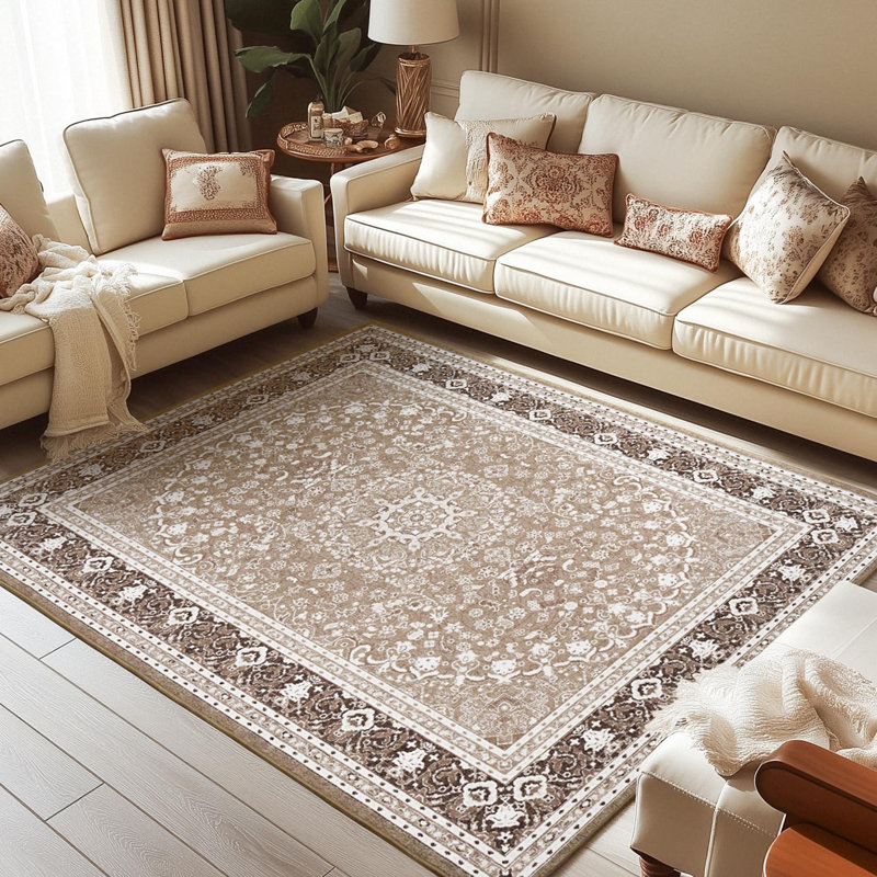 5'X7' Washable Vintage Boho Floral Area Rugs Super Soft Faux-Wool Non-Slip Low Pile Brown White, Rectangle 5' x 7'