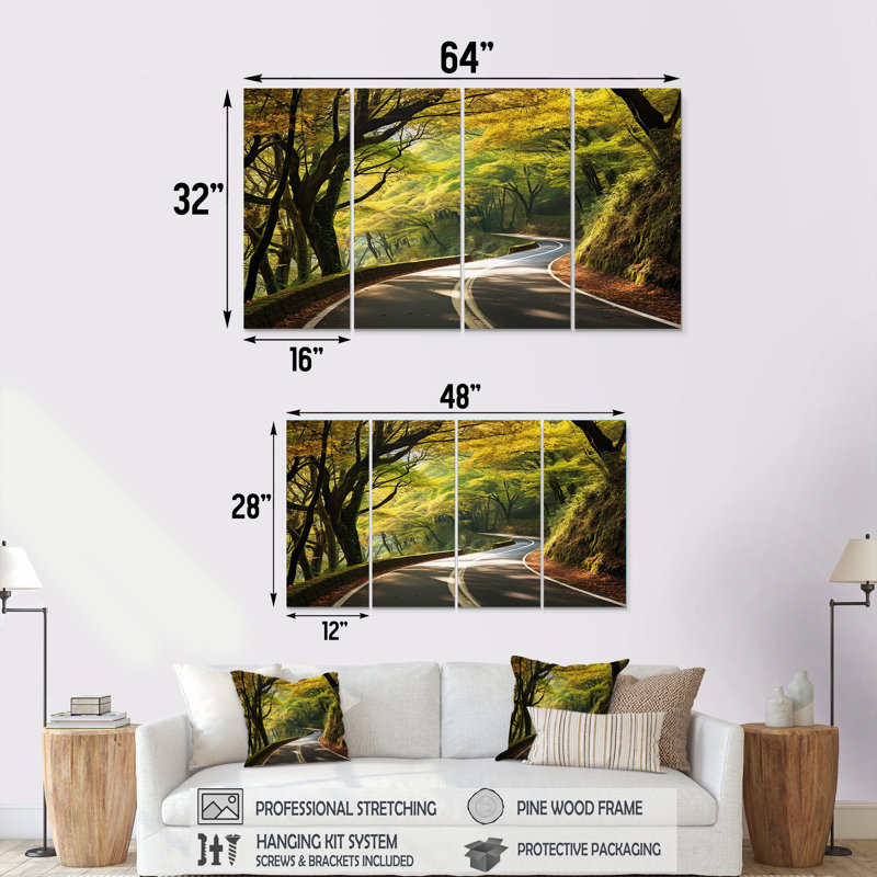 «Green Road Into The Forest II - Road», ensemble d'art mural 4 pièces, H 28 po x l 48 po