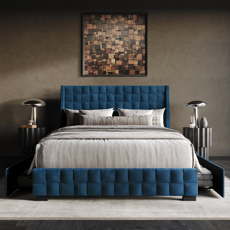 Dyisha Upholstered Unfinished Wingback Storage Bed, Queen, Navy Blue