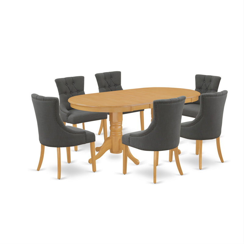 7 Piece Dining Table Set Consist of an Oval Kitchen Table with Butterfly Leaf and 6 Dark Gotham Linen Fabric Upholstered Chairs, Oak
