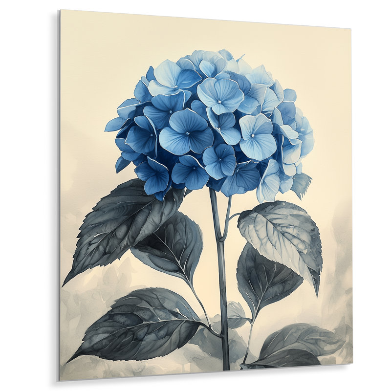 Rétro hortensia en champ monochrome II - hydrangées, impression murale en métal, H 20 po x l 12 po