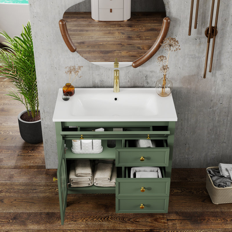 36" Bathroom Vanity Sink with Motion-Sensor Lighting, Patterned Glass & Farmhouse Storage Cabinet, Green