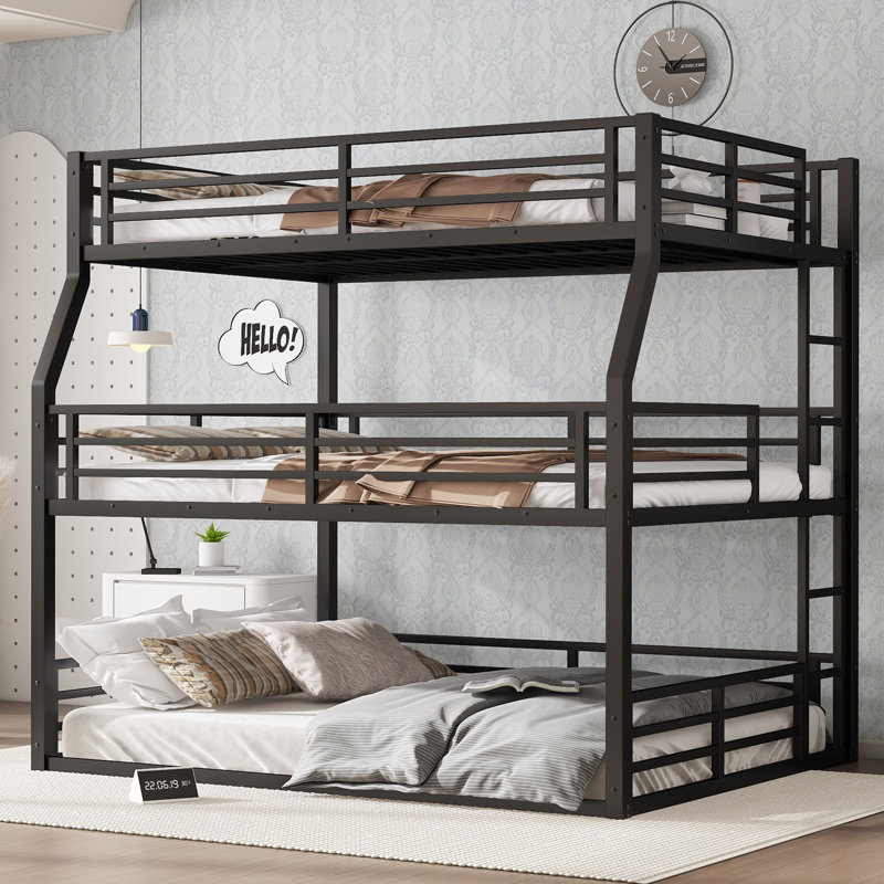 Full/Full XL Over Queen Over Queen Bunk Bed, Metal Triple Bunk Bed With Safety Guardrails, Heavy-Duty Bunk Bed With Noise-Reduced Design, Black