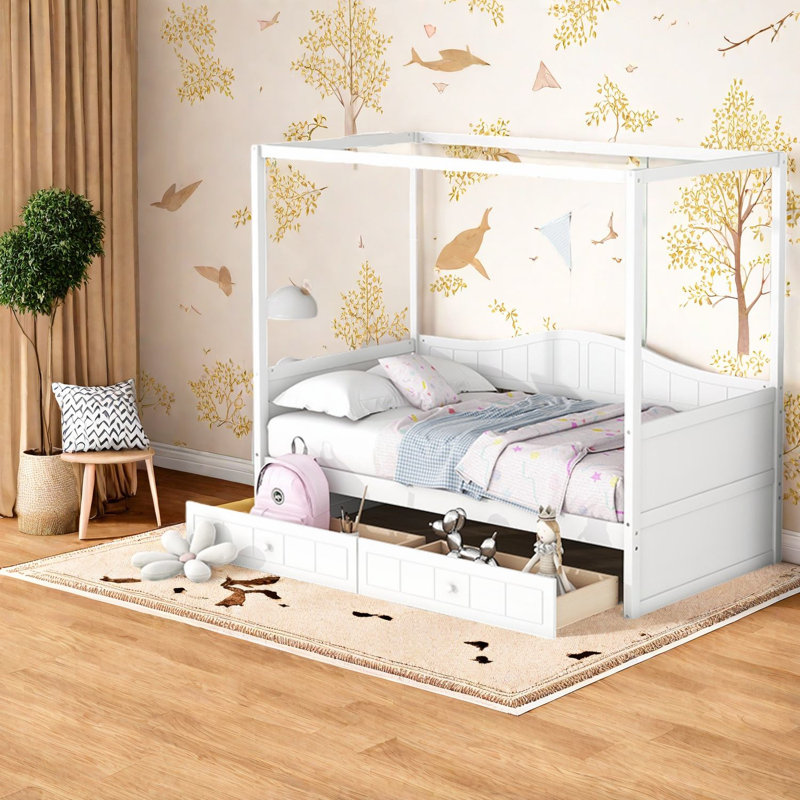 Lit simple en bois massif peu encombrant avec auvent moderne