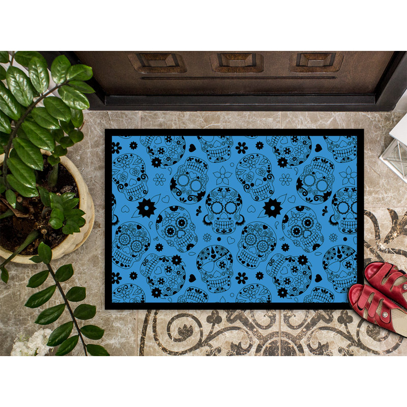 Synthetic Floral Indoor / Outdoor Rug, Blue, Rectangle 18" x 27"