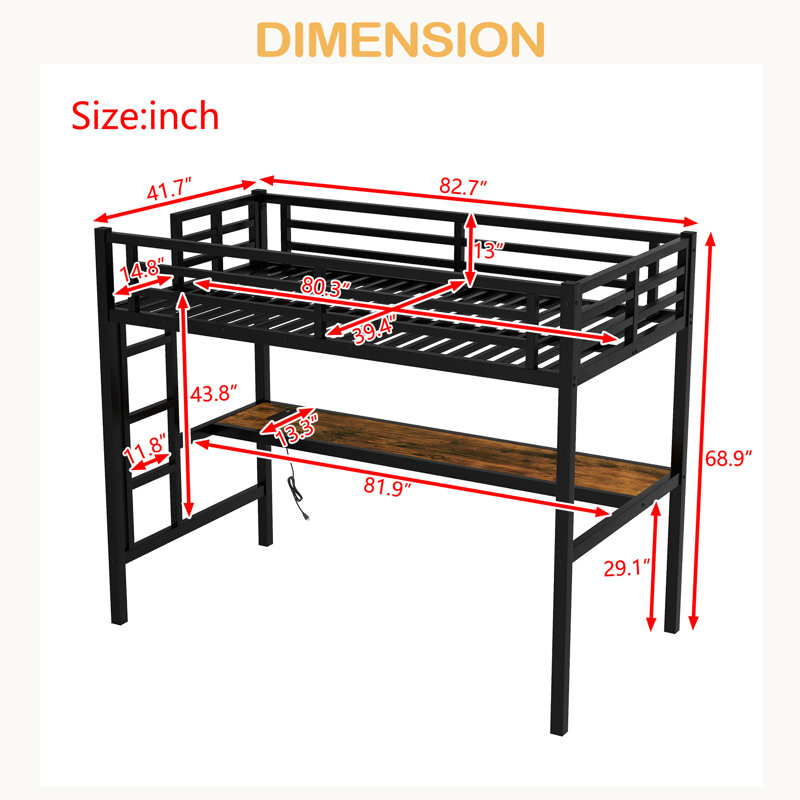 Metal Full Size Loft Bed With Power Outlet And LED Lighted, Space-Saving, Noise Reduced, Extra-Long Twin