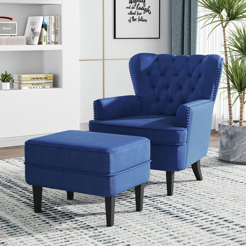 Medaryville Velvet Wingback Chair with Footstool, Blue