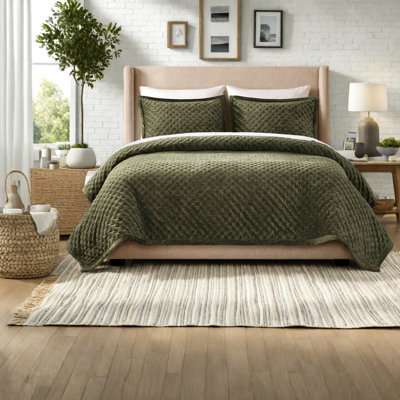 De literie en velours grand-pièces, ensemble de couvre-lit matelassé vert pour la chambre à coucher
