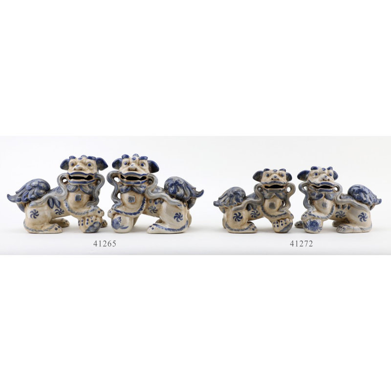 Small Pair of Lucky Foo Dog Figurine, Blue/White, 6.5" H x 8.5" W x 4" D