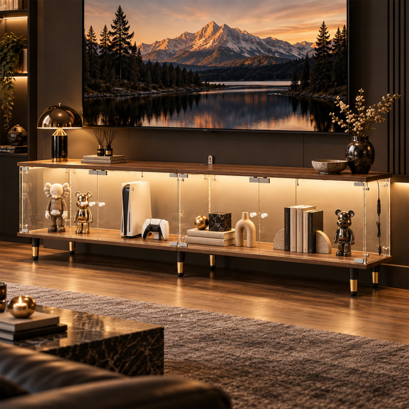 Horizontal Low-Profile Glass Display Cabinet with 360° View, Color-Changing LED Lights, Glass Shelves and Anti-Tip Kit