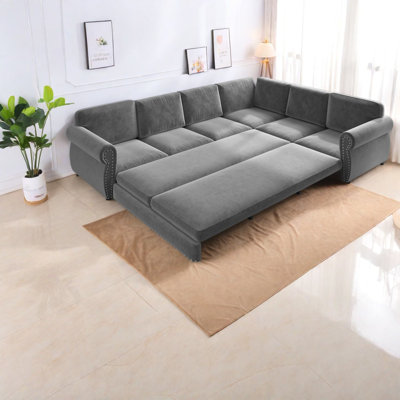 Canapé d'angle convertible en L, 3 m (118 po), en chenille, gris clair moderne