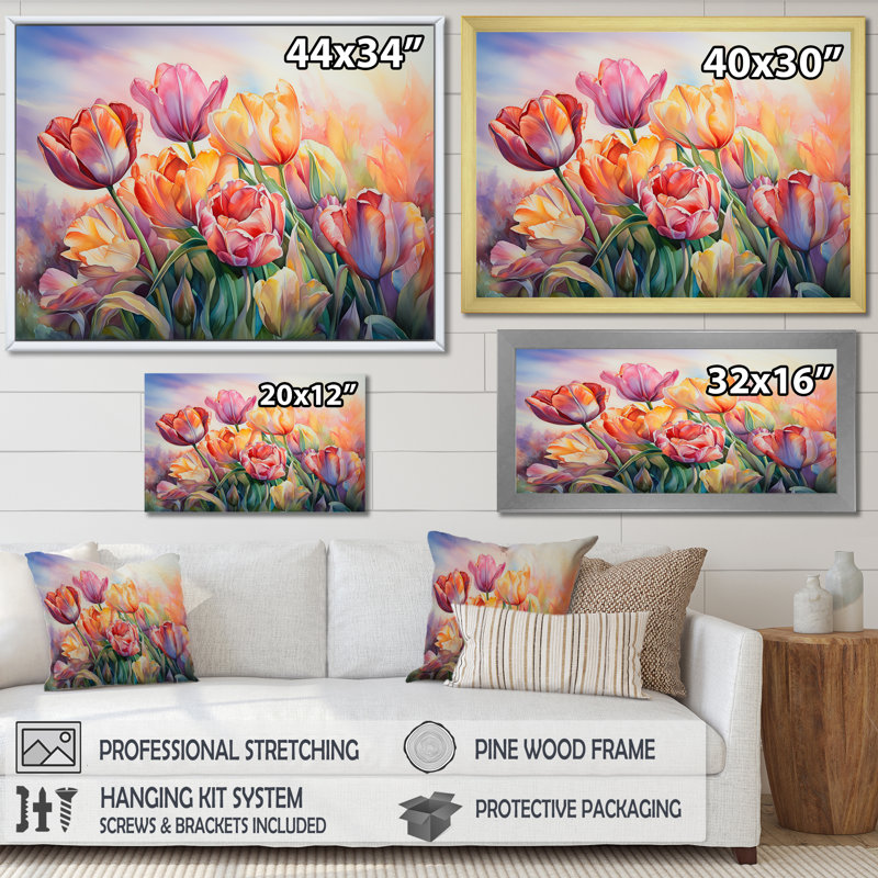 Tulipes au coucher du soleil II sur toile, H 16 po x l 32 po x P 1 po, Toile tendue