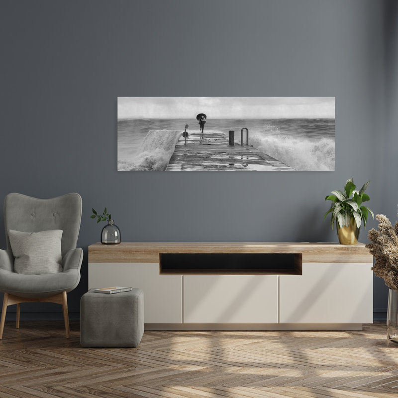 «Stormy Pier Walk», art dramatique abstrait côtier contemporain, H 16 po x l 48 po