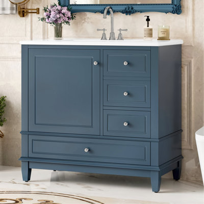 36" Bathroom Vanity With Ceramic Sink, MDF & Solid Wood Base, 3 Drawers & Cabinet With Shelves, Blue Gray Painted Finish, Freestanding Vanity Cabinet With 4-Inch Faucet Holes