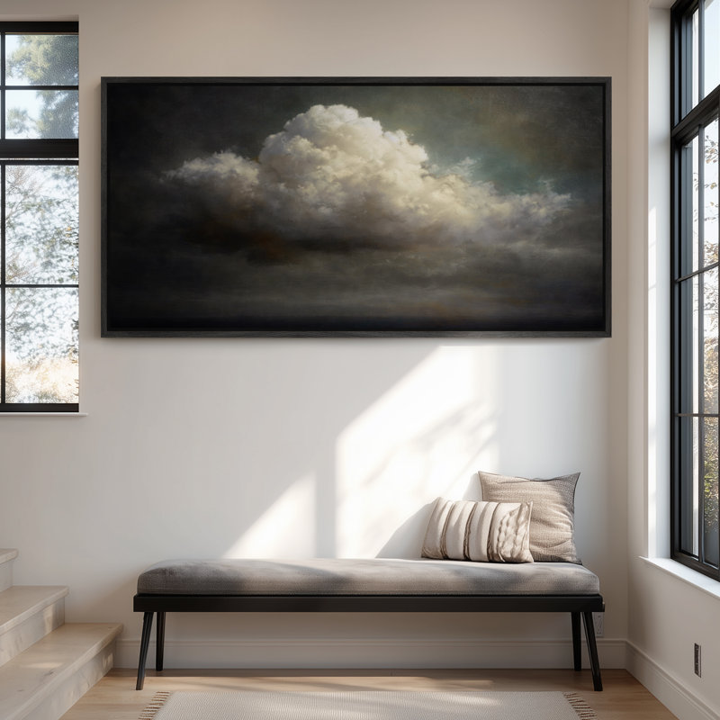 «Dramatic Luminous Cloud Floating in Dark Sky», reproduction d'art encadrée, H 30 po x l 60 po, Noir