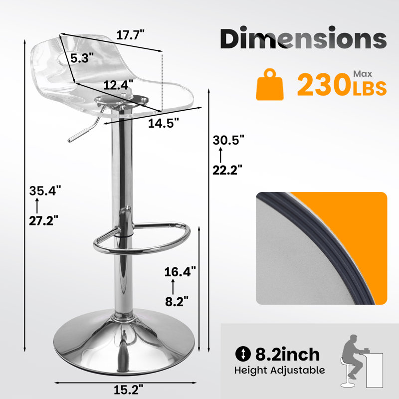 Ensemble de 2 tabourets de bar réglables en acrylique transparent avec dossier bas et base argentée, Argent, 2