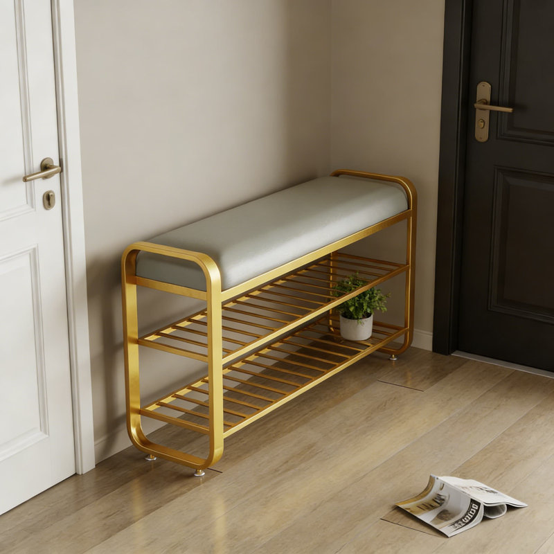 Banc de hall d'entrée moderne avec tablette de rangement et coussin moelleux, range-chaussures avec assise pour le couloir, la chambre à coucher ou le placard