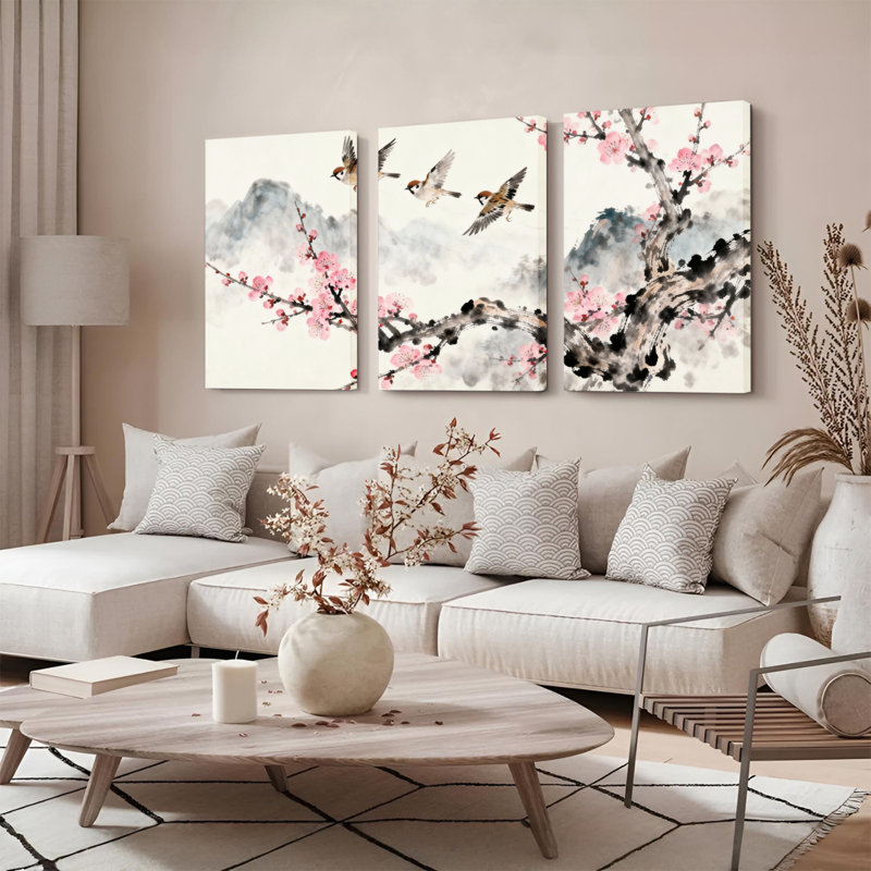 Fleurs de cerisier et oiseaux en vol, tableau sur toile de style peinture traditionnelle chinoise à l'encre (ensemble de 3)