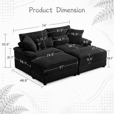 Double Chaise Lounge Set with Reversible Ottoman, Soft Corduroy Fabric, Storage, USB Port, Multi-Functional Seat/Table for Living Room