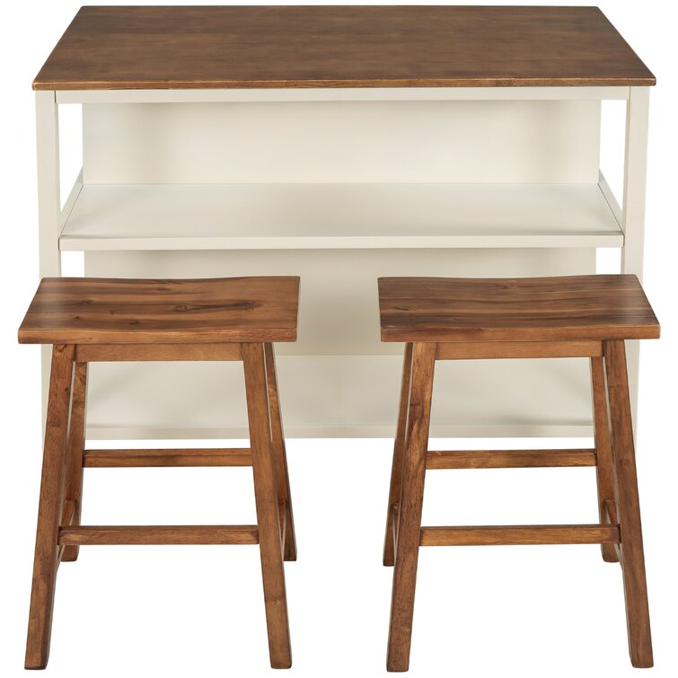 3-piece White Rubber Wood 45 in. Kitchen Island Set with 2