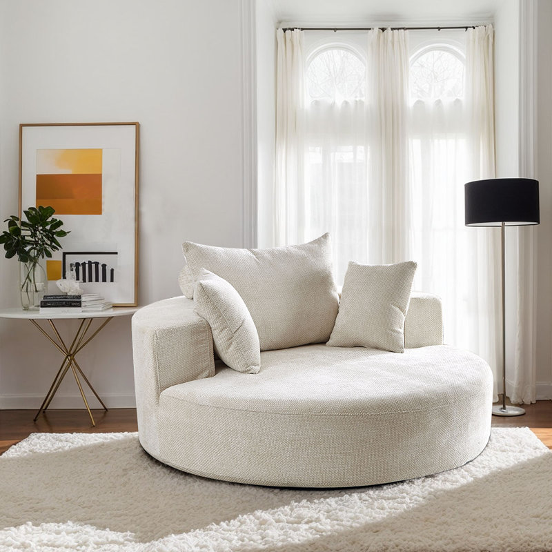 Chenille Swivel 55'' Chair and Fluffy Sleeper Sofa with 360° Rotation for Living Room and Lounge, Beige