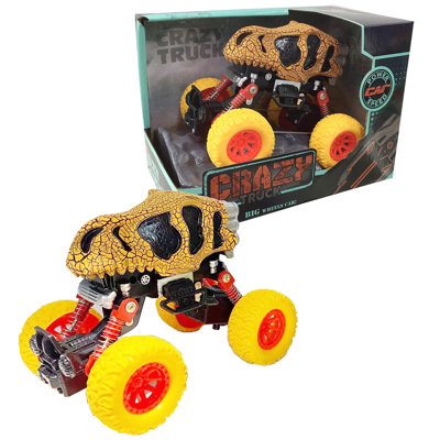 Crazy Truck: Big Wheels Dinosaur Truck - orange et crâne noir - voiture-jouet de 4,5 po alimentée par frottement, suspension antichoc, véhicule 360 cascades et tours, enfants de 3 ans et plus