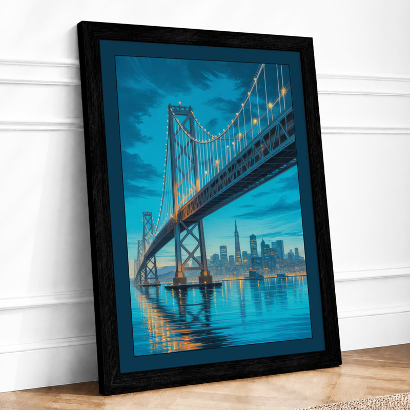 Bridge to City Lights Modern - Framed Print, A4 - 29.7 x 21.0 cm, Black