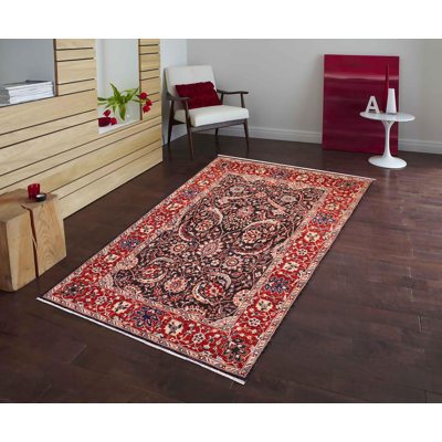Tapis oriental noir / rouge en laine noué à la main de 5 pi 4 po x 8 pi 1 po Dorn