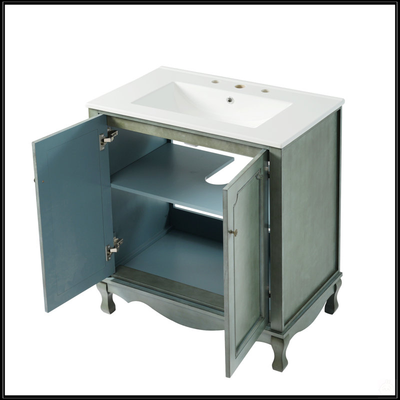 30-Inch Vintage Bathroom Vanity With Ceramic Sink, Antique Knobs, And Adjustable Shelves For Elegant Storage Solutions