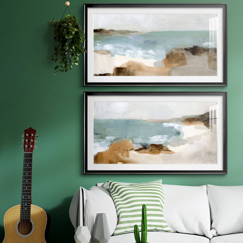 «Ocean Sigh III», ensemble de 2 peintures encadrées, Papier encadré noir, H 10,5 po x l 37 po x P 1,5 po, Blanc