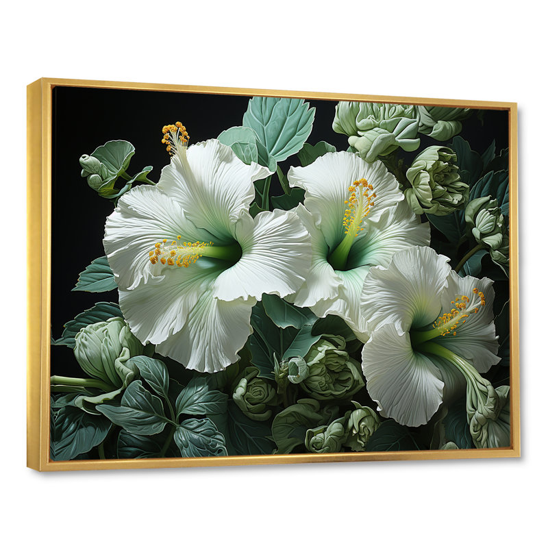 «Green Hibiscus Realistic Splendor», reproduction sur toile, Cadre flottant doré, H 24 po x l 32 po x P 1 po
