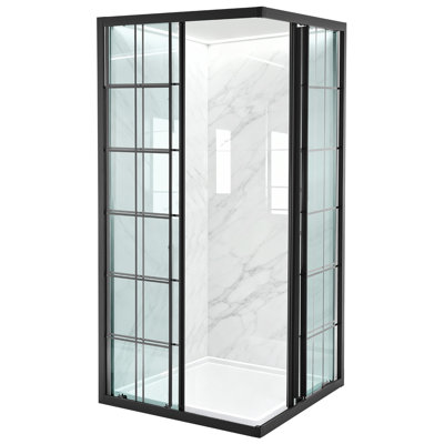 Cabine de douche, 89 cm P x 89 cm L x 183 cm H, double porte coulissante d'angle en verre trempé transparent de 6 mm, ensemble de salle de bain avec cadre noir mat et poignée en alliage d'aluminium